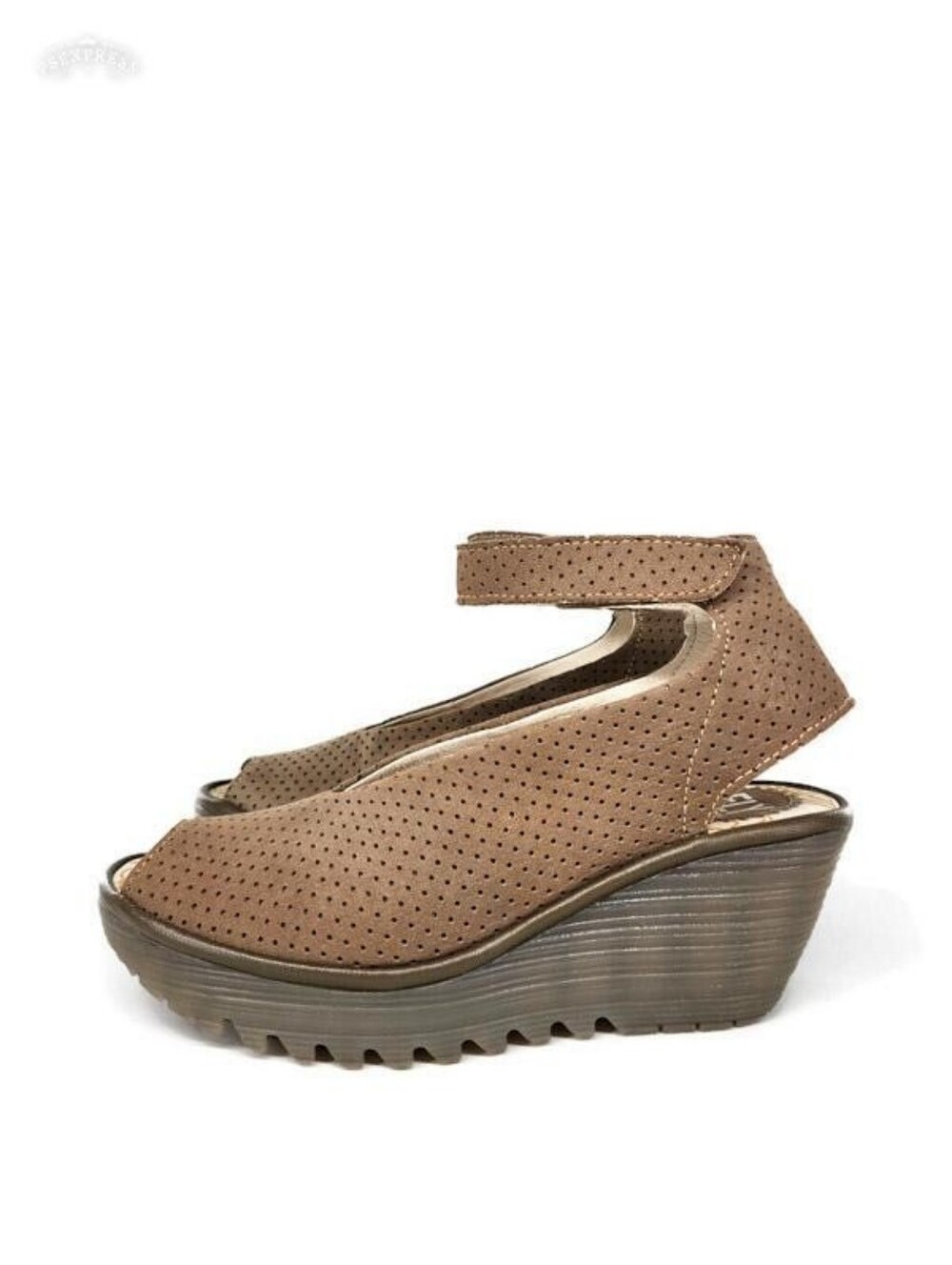 Fly London Yala Taupe Perforated Leather Ankle Strap Peep-Toe Wedge Heel Sandals - Picture 4 of 15